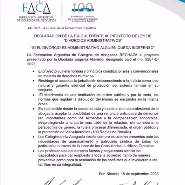 La F.A.C.A también rechaza el divorcio administrativo